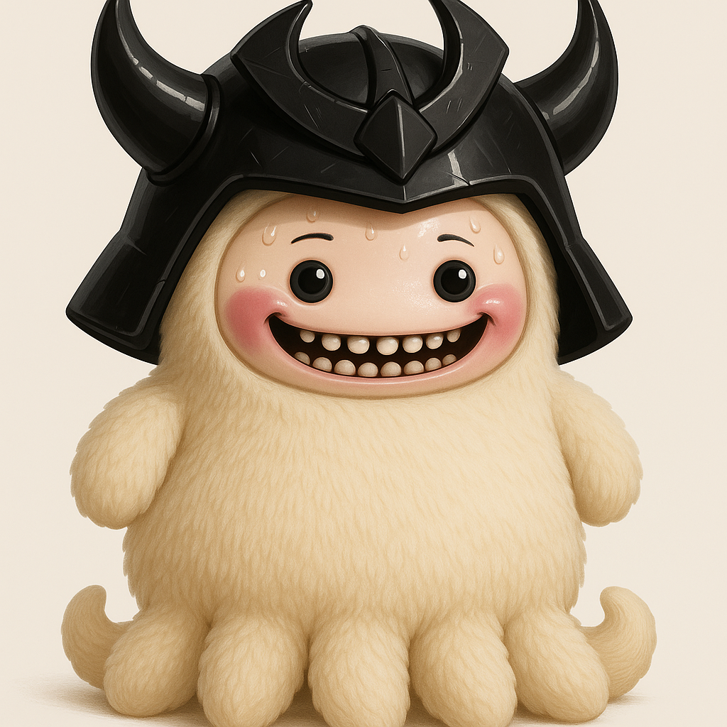 A small, grinning, furry creature in an oversized horned black helmet
